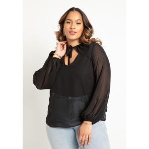 Eloquii Neckline Tie Detail Chiffon Blouse Long Sleeve Sheer Top Cutout